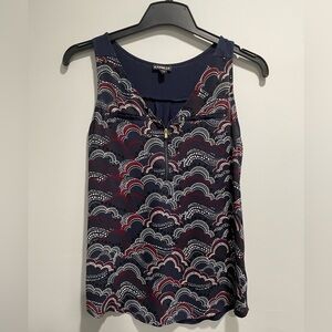 {Express} navy tanktop blouse, maroon white print, front zipper, women's size S